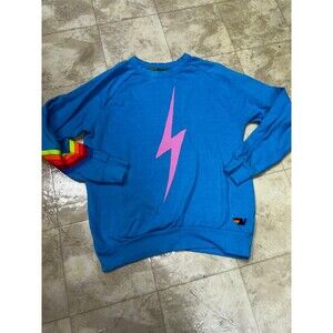 Aviator Nation Blue Crewneck with Pink Bolt Neon Chevron Stripes Size Medium